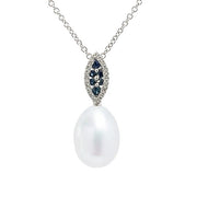 14K White Gold Freshwater Pearl, Sapphire, Diamond Pendant